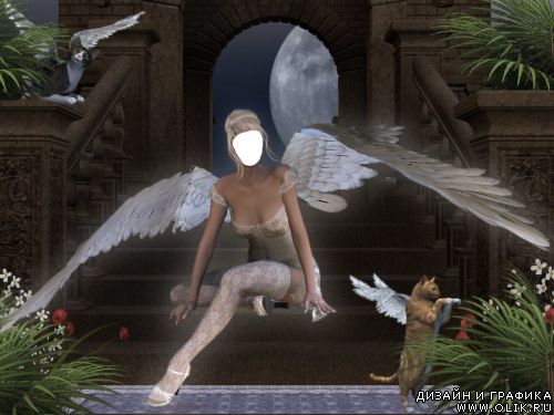Шаблон для фотошоп: Ангел девушка и котик ангел