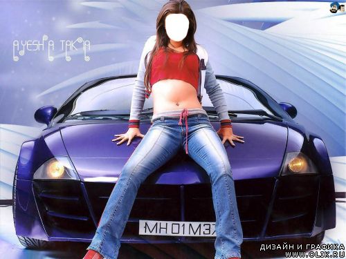 Шаблон для фотошоп: Девушка в синих джинсах сидит на машине