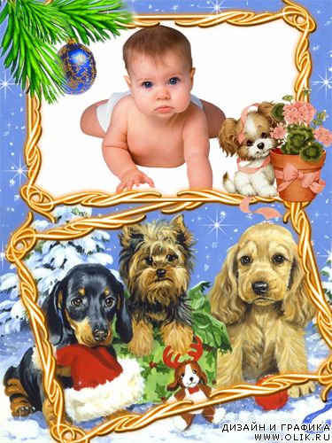 Рамка для фотошопа - Новый год и три собачки