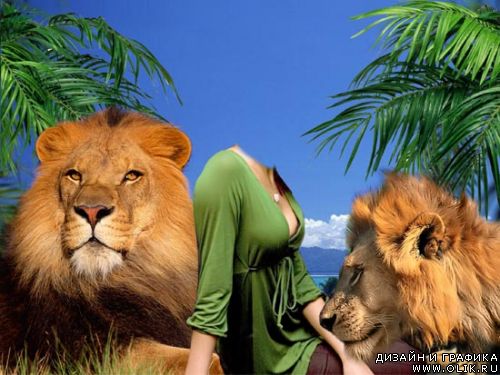 Шаблон для фото – Девушка со львами