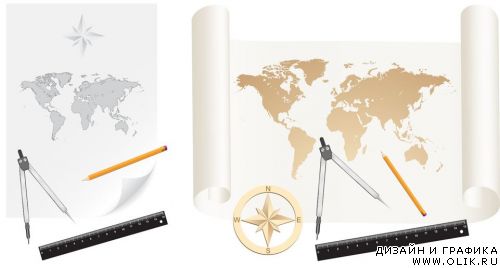 Measuring tools a on a sheet of paper with world map