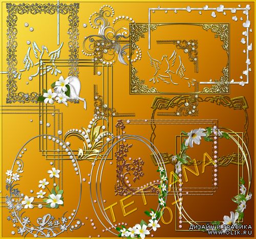 Вырезы и элементы декора для рамок в серебряном и золотом стиле с цветами и жемчугом