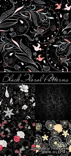 Black Floral Patterns Vector | Черные цветочные фоны