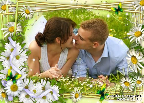 Весенняя цветочная рамка для фотошоп - Поцелуй в ромашках