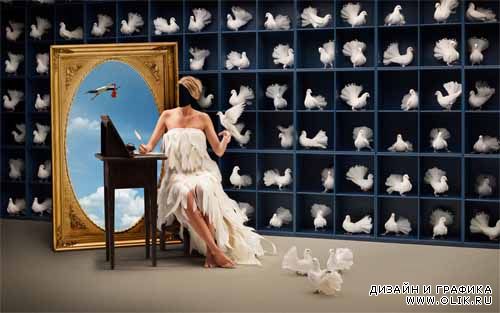 Шаблон для фотошоп - почтовые голуби и девушка