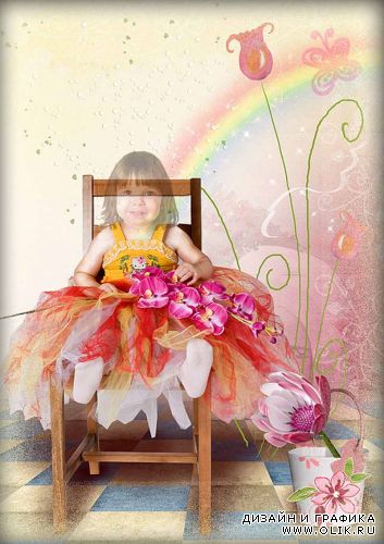 Детский шаблон - В гостях у сказки - маленькая принцесса сидит на стуле