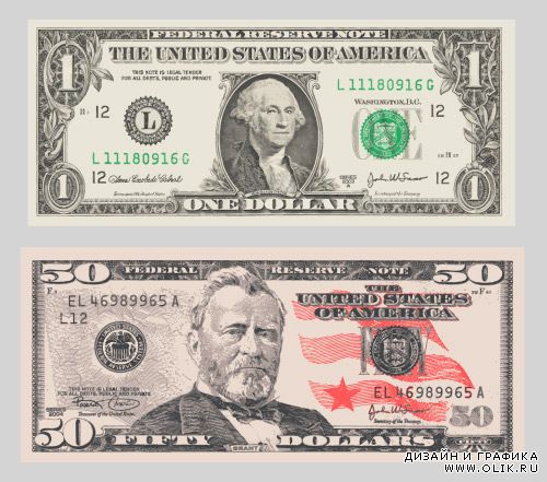 Доллары 1 и 50 USD в векторе (One, Fifty Dollars Vector)