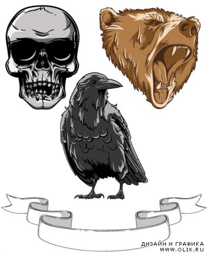 Медведь череп и ворона в векторе (Bear skull and crow)