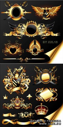 Ornamental golden heraldic elements set