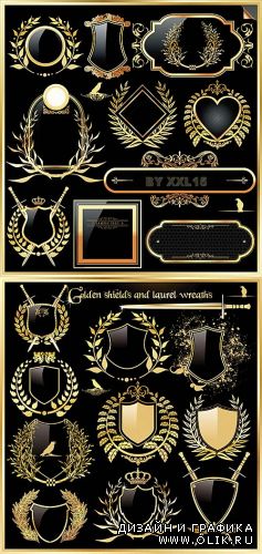 Golden labels and shields with laurel wreaths