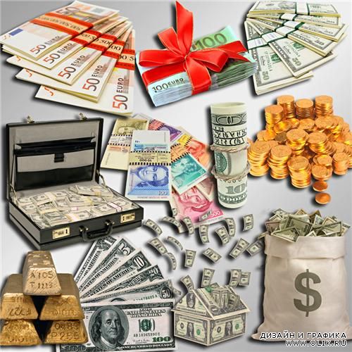 Клипарт в PNG - Бумажные деньги, золото и монеты