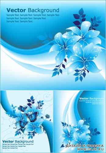 Голубые цветочные фоны с бабочками (Вектор)