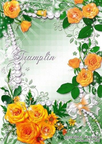 Цветочная рамка с оранжевыми розами и жемчугом