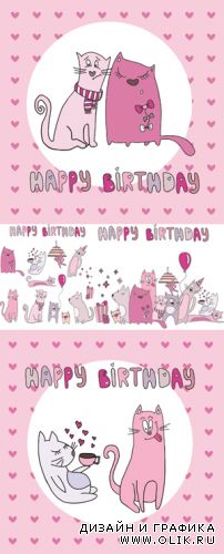 Birthday Cards with Cute Cats Vector