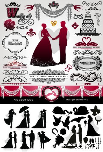 Свадебные элементы и силуэты голуби лебеди жених невеста (Вектор)