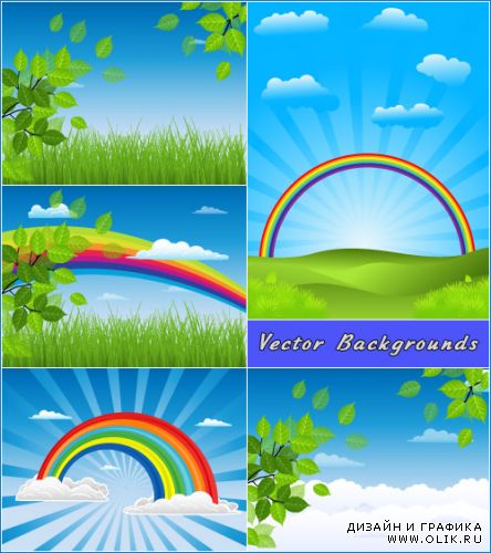 Летние фоны с радугой голубое небо зеленые листья (Вектор)