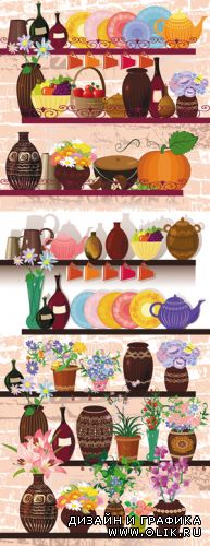 Shelves with Products & Flowers Vector