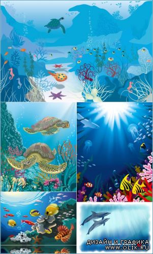 Подводный мир - Стаи разноцветных рыб, морские кони, черепахи (Вектор)