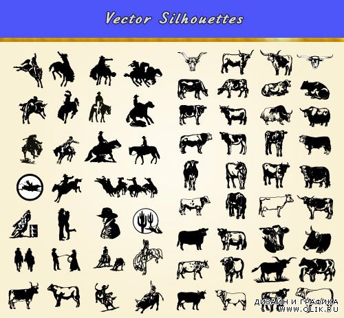 Силуэты коров и лошадей (Вектор)
