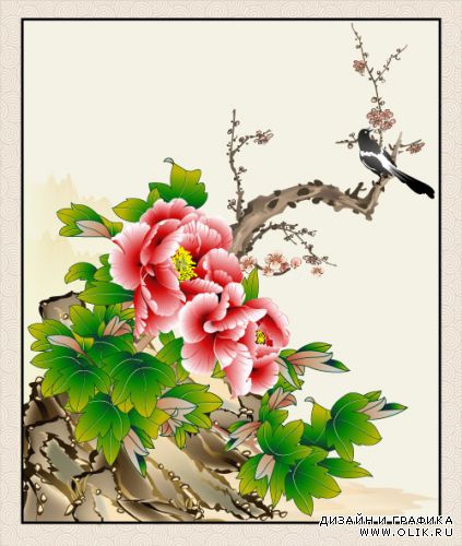 Сорока на дереве в стиле бонсай (Вектор)