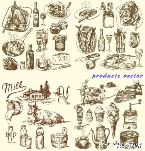 Винтажные продукты - Молоко, рыба, сыр (Вектор)