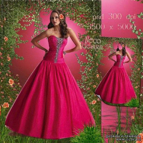 Женский шаблон - В бальном розовом платье в розовом саду