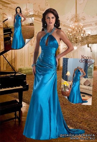 Женский шаблон - В синем вечернем платье с роялем и в гостиной