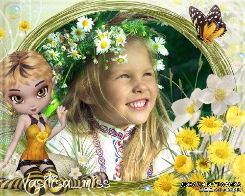 Летняя рамочка для фотошопа с цветами, бабочкой и девочкой пчёлкой