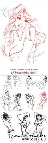 Hand drawn silhouettes of beautiful girls 0281