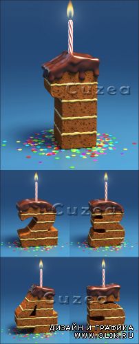 Цифры 1-2-3-4-5 из торта со свечами - растровый клипарт