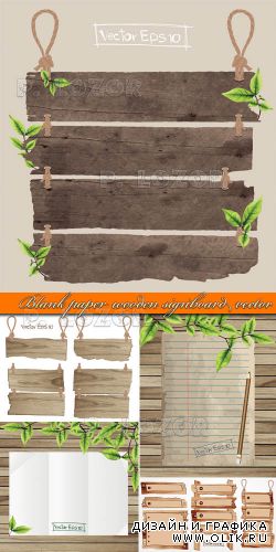 Лист бумаги и табличка из дерева | Blank paper wooden signboard vector