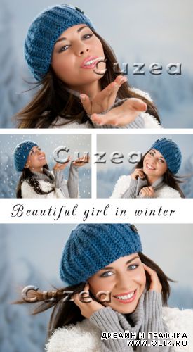 Очаровательная девушка в голубом берете на зимнем фоне