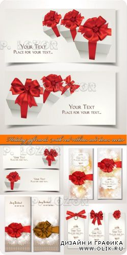 Праздничные карточки | Holiday gift cards with red ribbons and bows vector