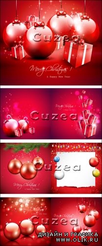 Векторные новогодние сверкающие фоны с шарами и отступом для текста в красном цвете