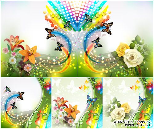 Цветочные фоны с бабочками (Вектор)