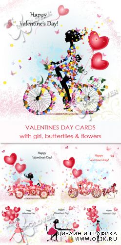 Valentine's Day cards with girl, butterflies and flowers 0365