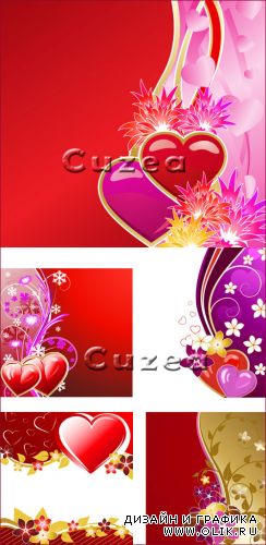 Векторные фоны ко дню Валентина  с сердцами и цветами