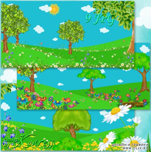 Детские летние фоны - Солнце и облака, кусты, деревья и яркие полевые цветы на лугу