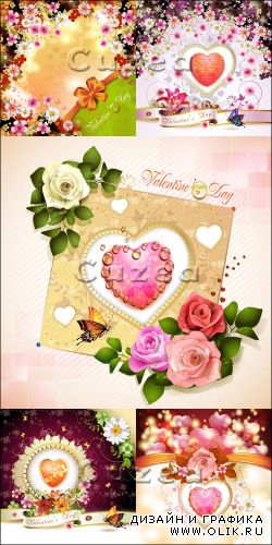 Розы, ленты, рамки и сердца ко дню Валентина в векторе