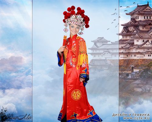 Женский шаблон для фотошопа - Девушка в красном кимоно
