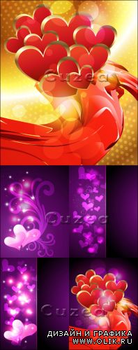 Сверкающие сиреневые фоны ко дню Валентина с красными сердцами в векторе