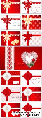 Пригласительные карточки в векторе с лентами и сердечками ко дню Валентина