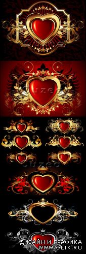 Яркие сердца с золотым орнаментом на темном фоне в векторе/ Bright hearts with a gold ornament against a dark background in a vector