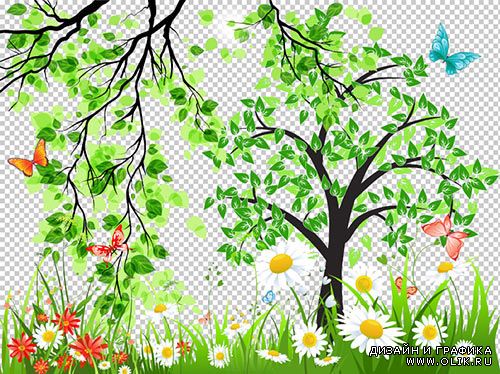 Клипарт - PSD растительность природы деревья ветки трава с цветами прозрачный фон
