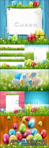 Пасхальные яйца на деревянных фонах в векторе/ Easter greeting card with colorful eggs on wooden background