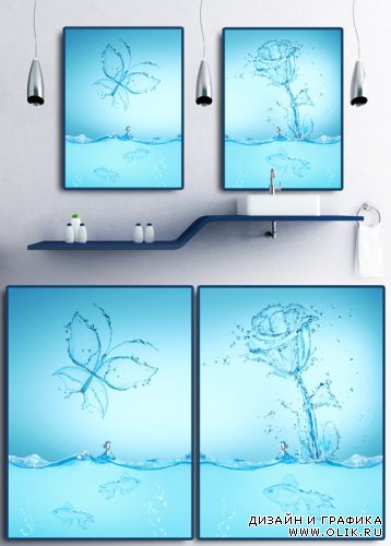 Модульная картина, Диптих - Водные всплески, брызги, Бабочка и цветок