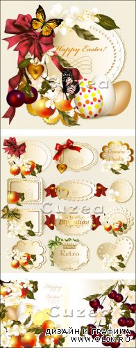 Пасхальные весенние стикера и открытки/ Easter greeting card and labels  with eggs, apples, spring flowers and chick