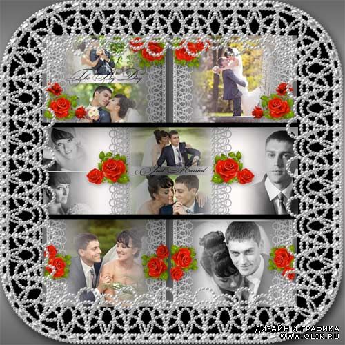 Классическая свадебная фотокнига с алыми розами - Жемчужный блеск