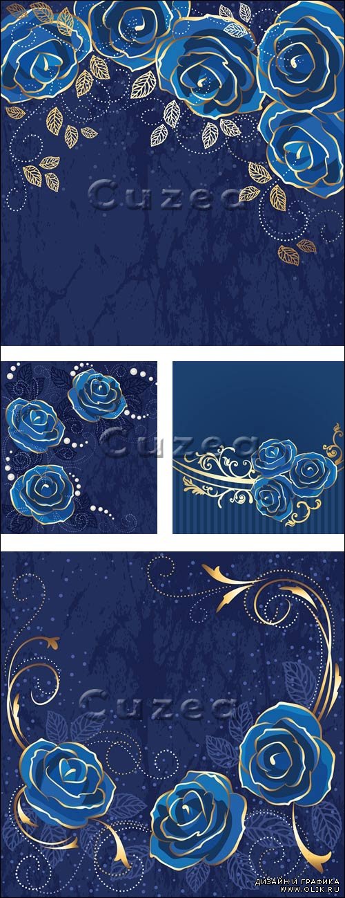 Синие фоны с розами в векторе/ Roses blue vintage card in vector