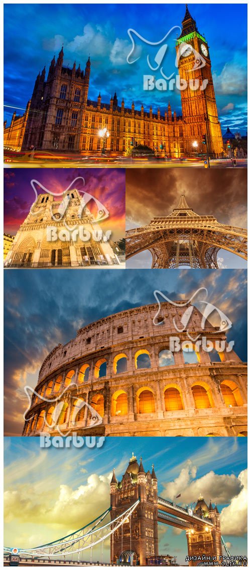 Notre Dame Cathedral, Colosseum, Big Ben Tower, The Tower Bridge, Eiffel Tower / Собор Нотр-Дам, Колизей, башня Биг-Бен, Тауэрский мост, Эйфелева башня
